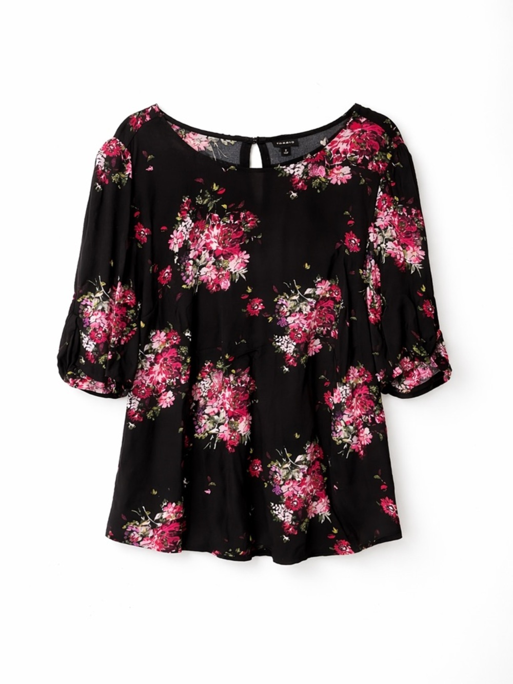 Torrid Size 2 Floral Blouse Black Pink Keyhole Back 3/4 Sleeve Plus Sz.2X 18/20
